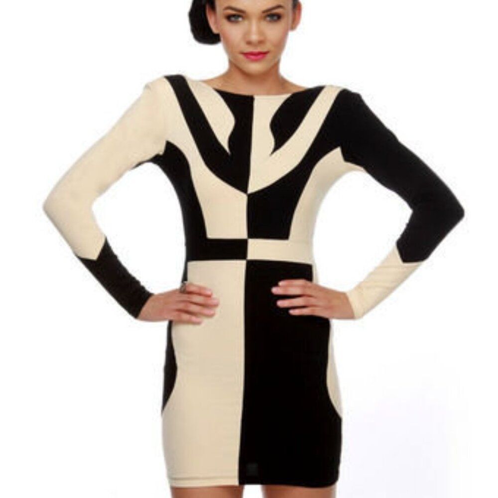 Motel Rocks XS Bodycon Mini Dress ColorBlock Sexy Club Black Abstract Feminine - Picture 1 of 11